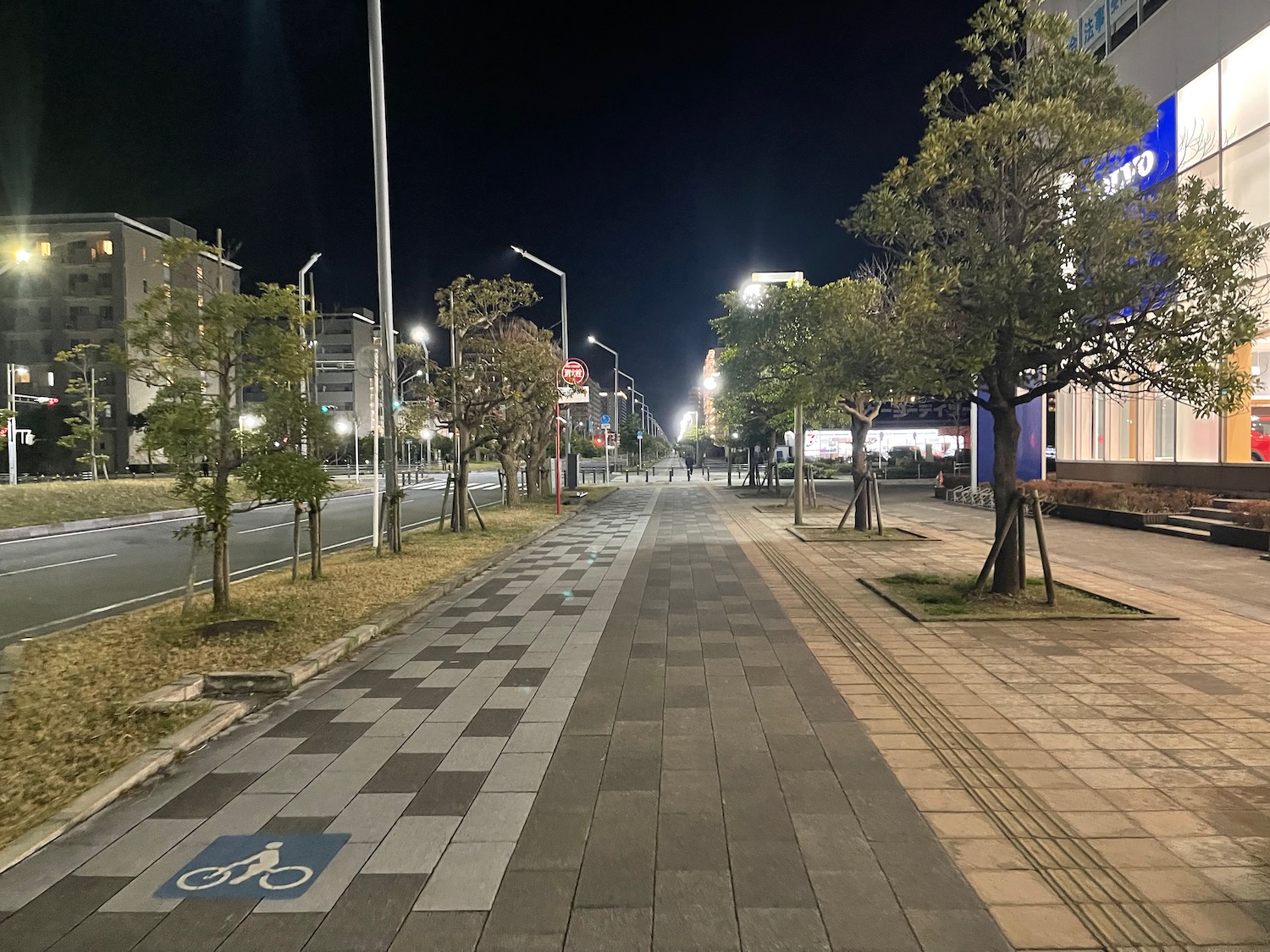 a sidewalk with trees and buildings at night