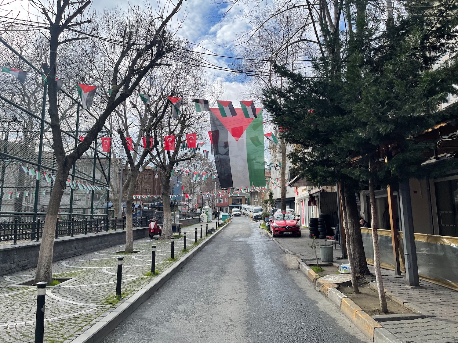 a street with trees and flags