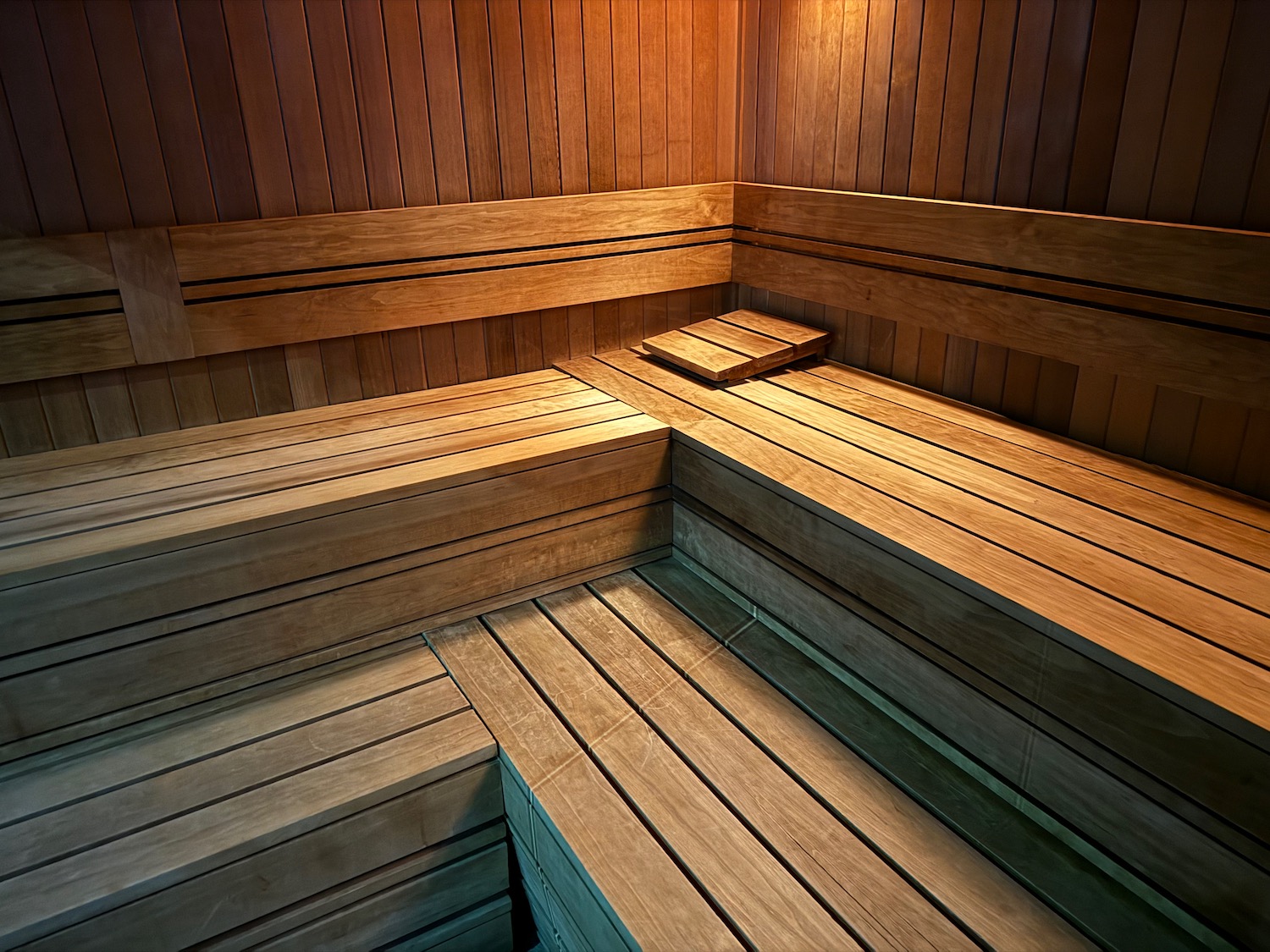 a wooden bench in a sauna