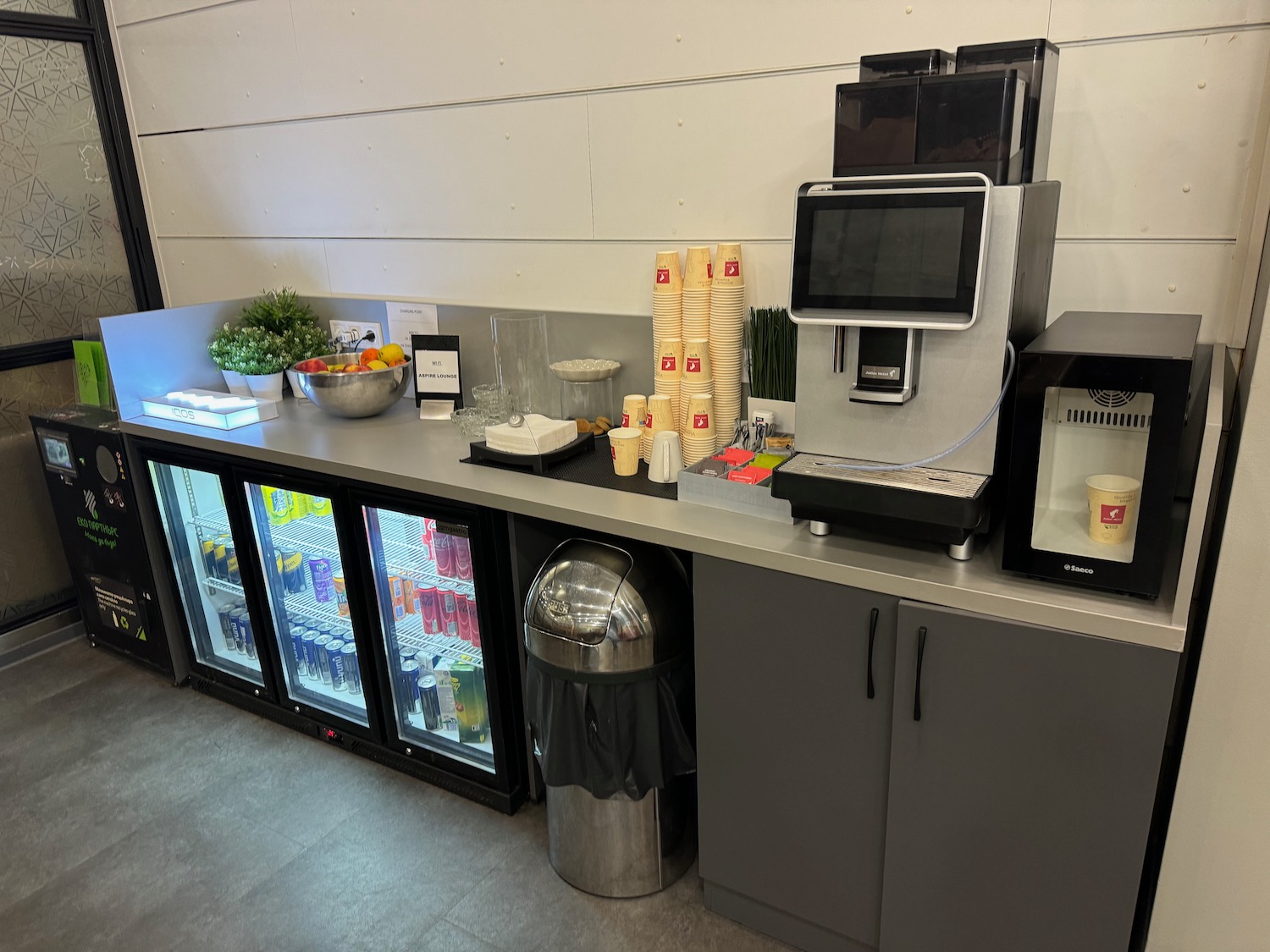 a coffee machine and beverage coolers