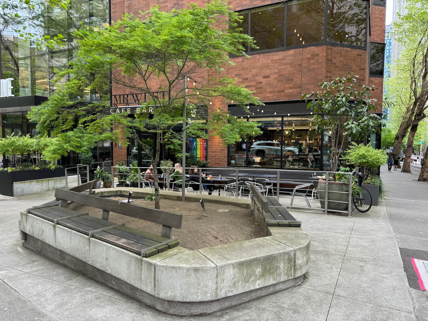 a bench in a square with a tree in front of a building