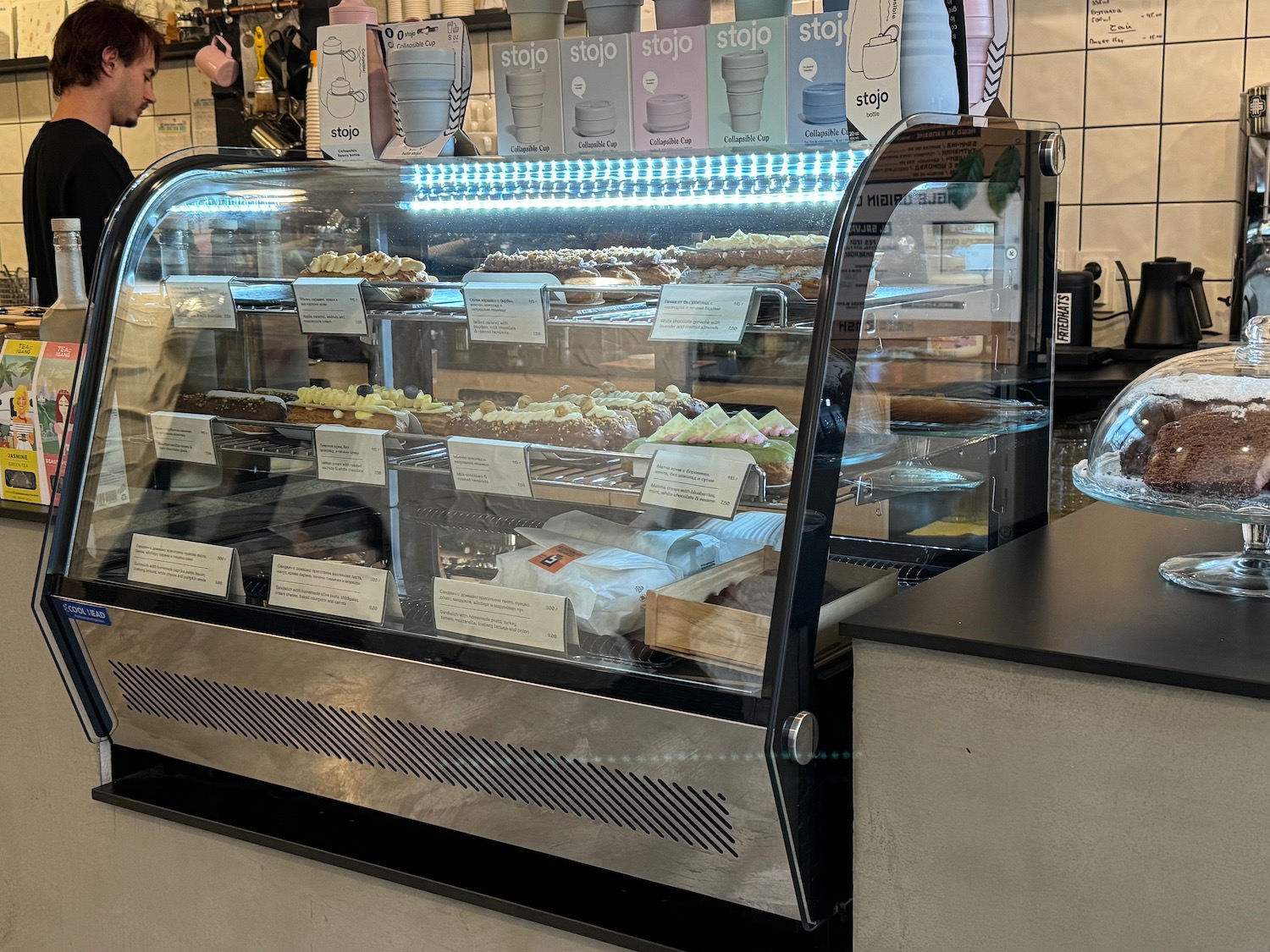 a display case with food on it