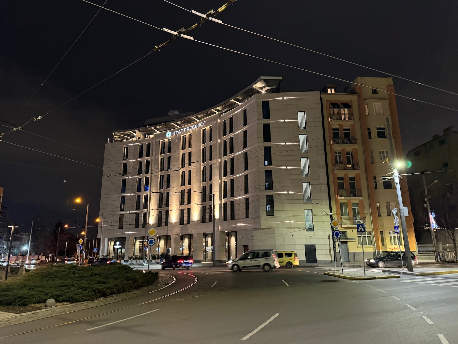 a building with lights on the side of it