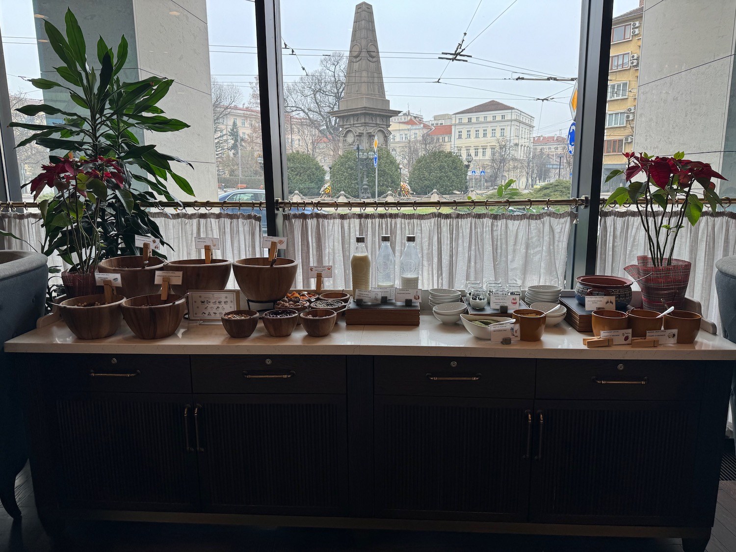 a buffet with many bowls of food