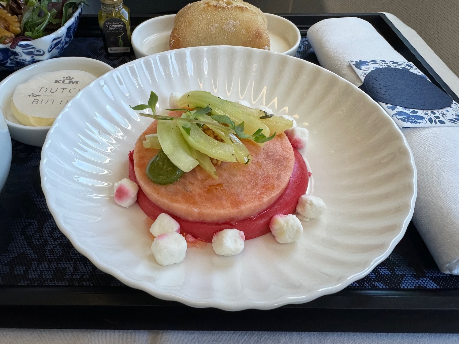 a plate of food on a tray