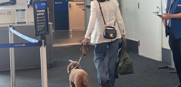 a woman walking a dog in a hallway