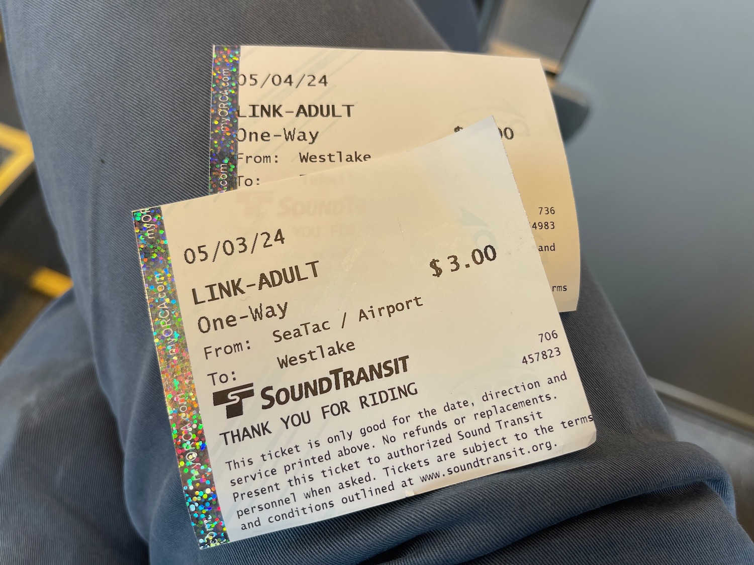 a pair of tickets on a person's leg