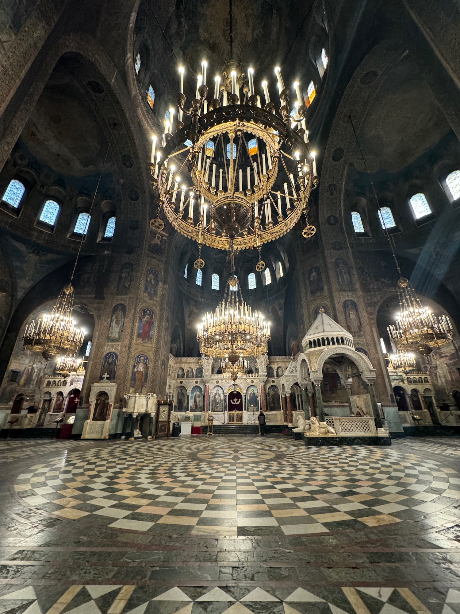 a large chandelier in a large room