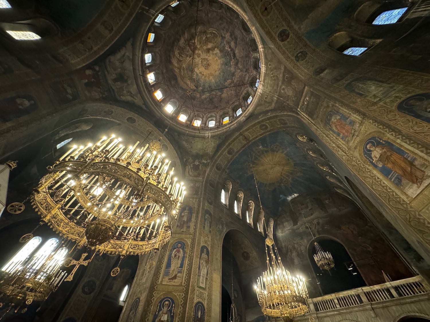 a large ornate building with a chandelier