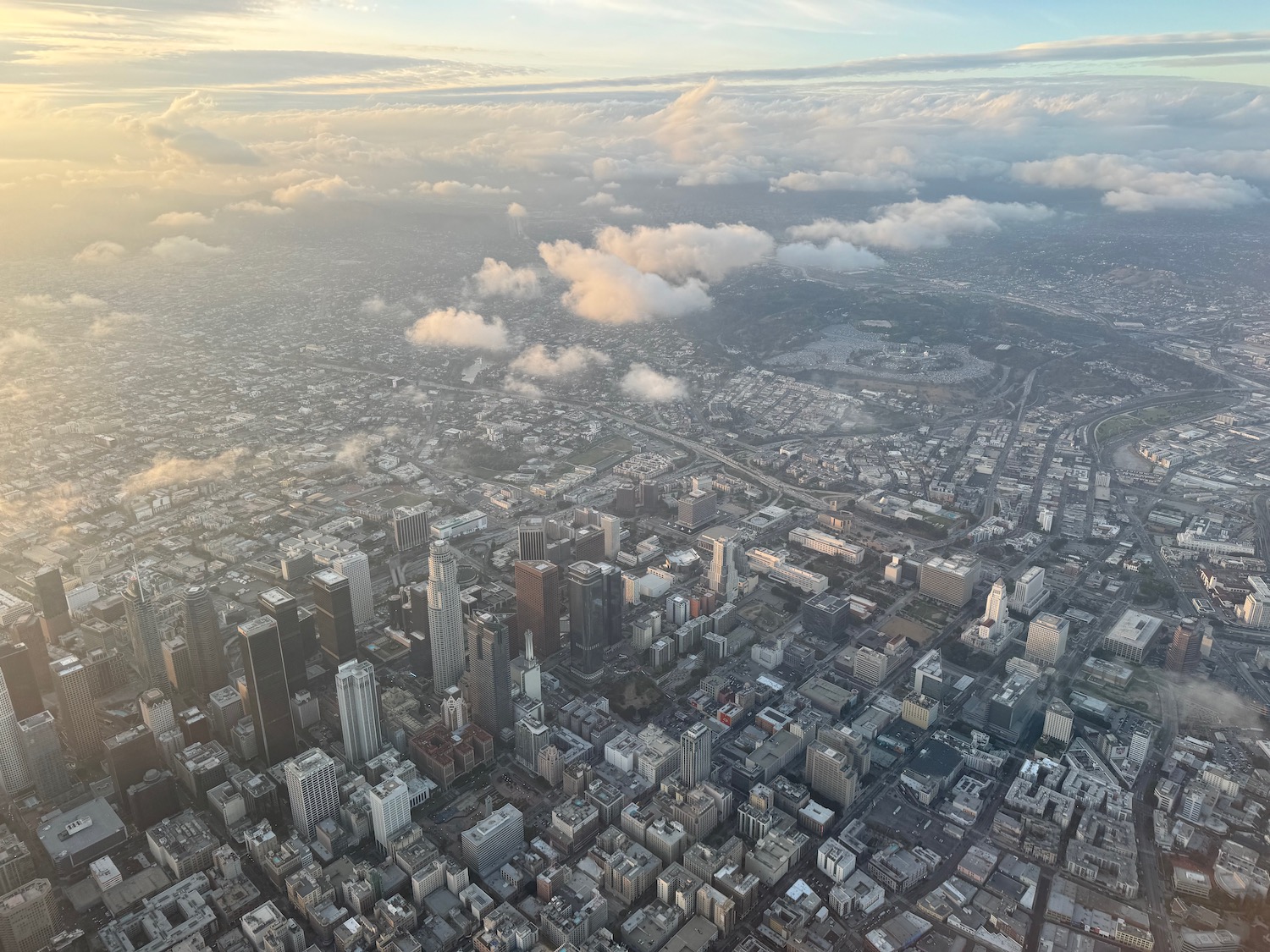 aerial view of a city with many buildings