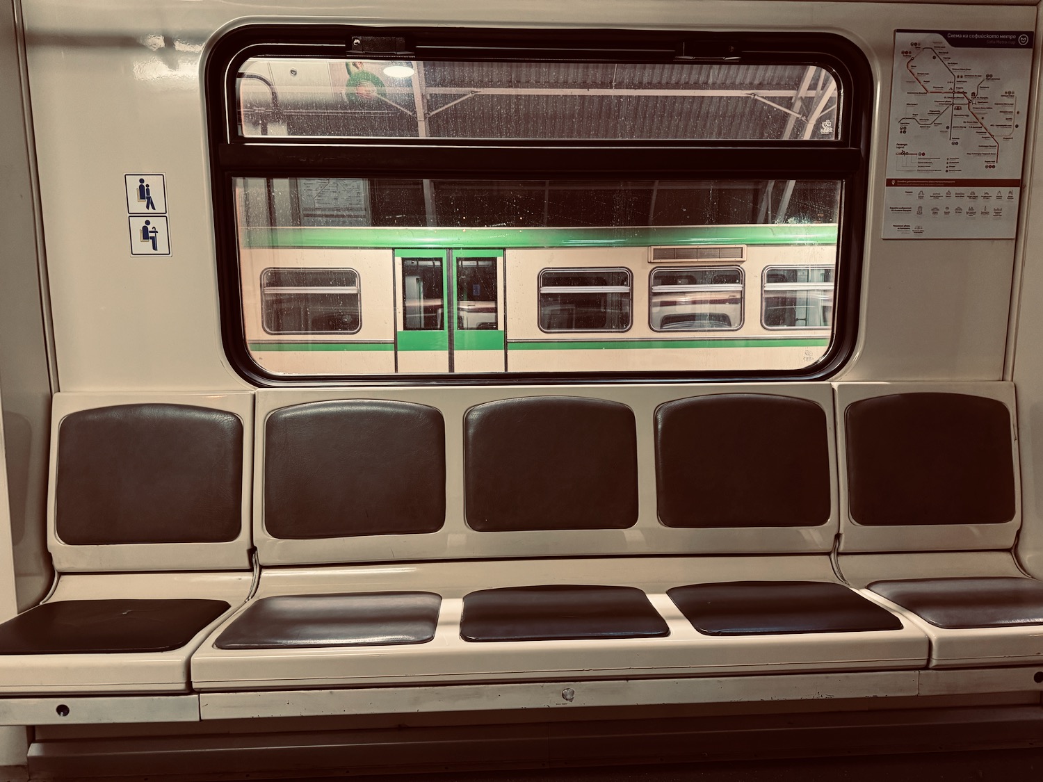 a train with seats and a window