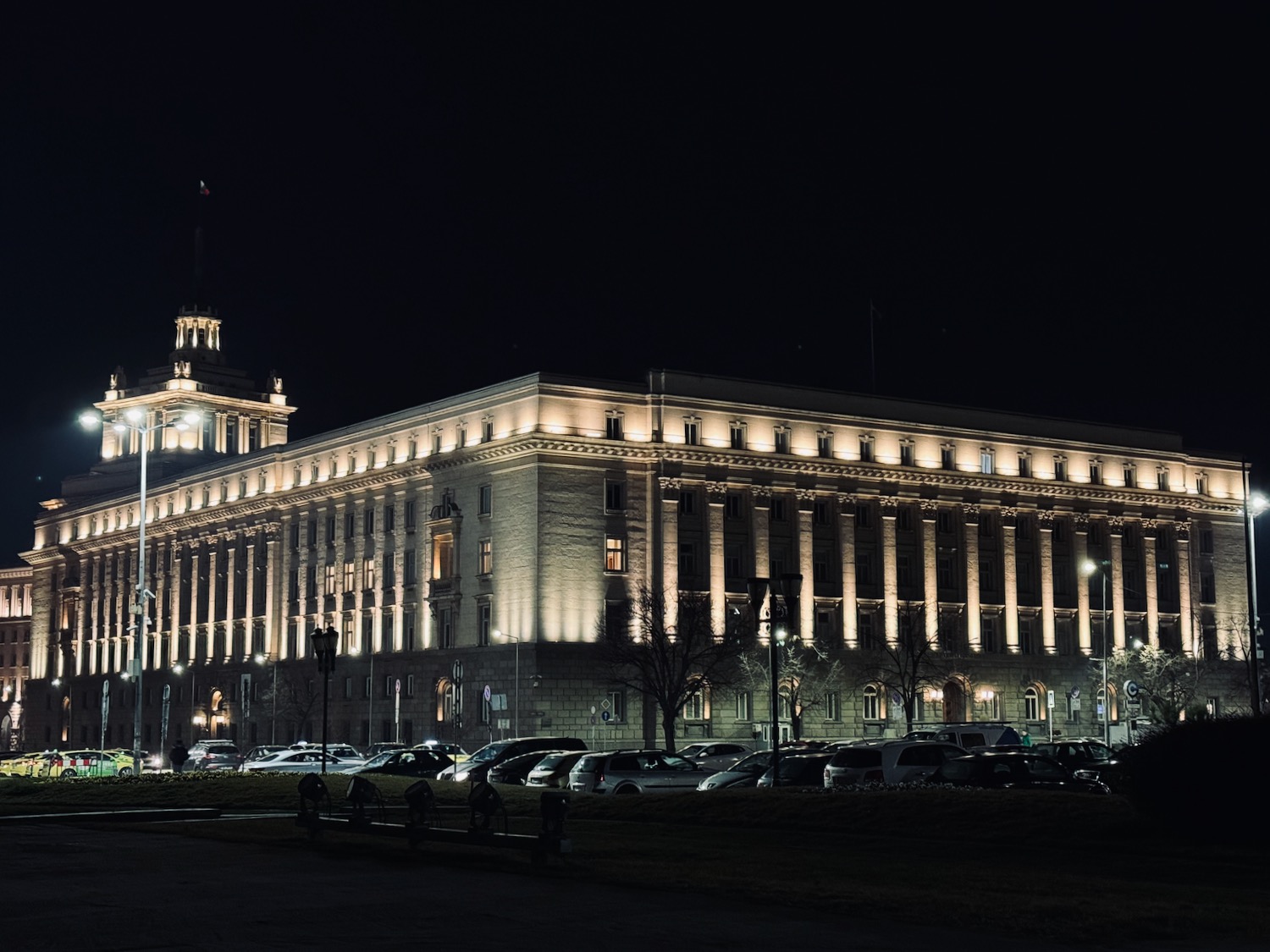 a large building with lights on it
