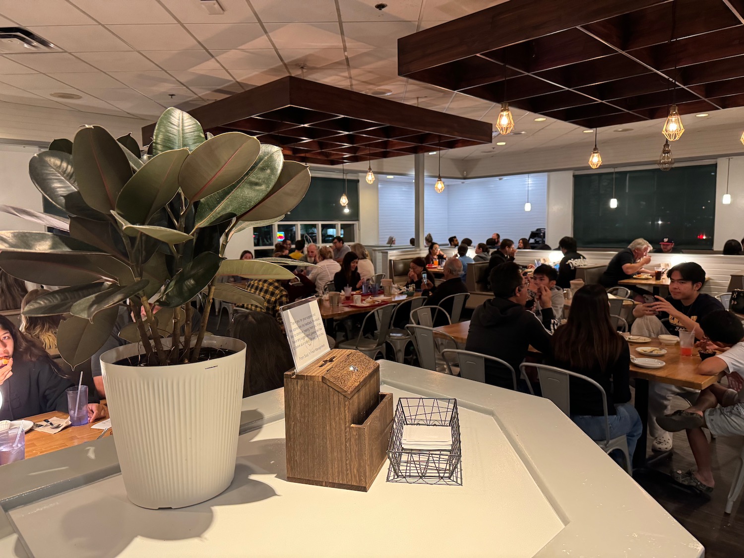 a group of people sitting at tables in a room with a plant