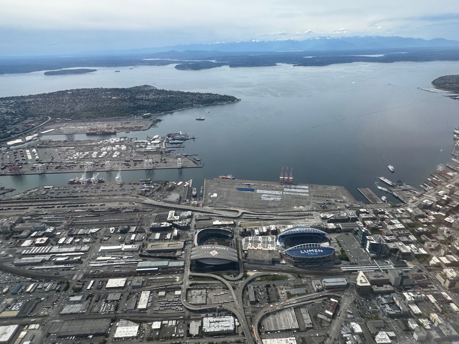 aerial view of a city and water