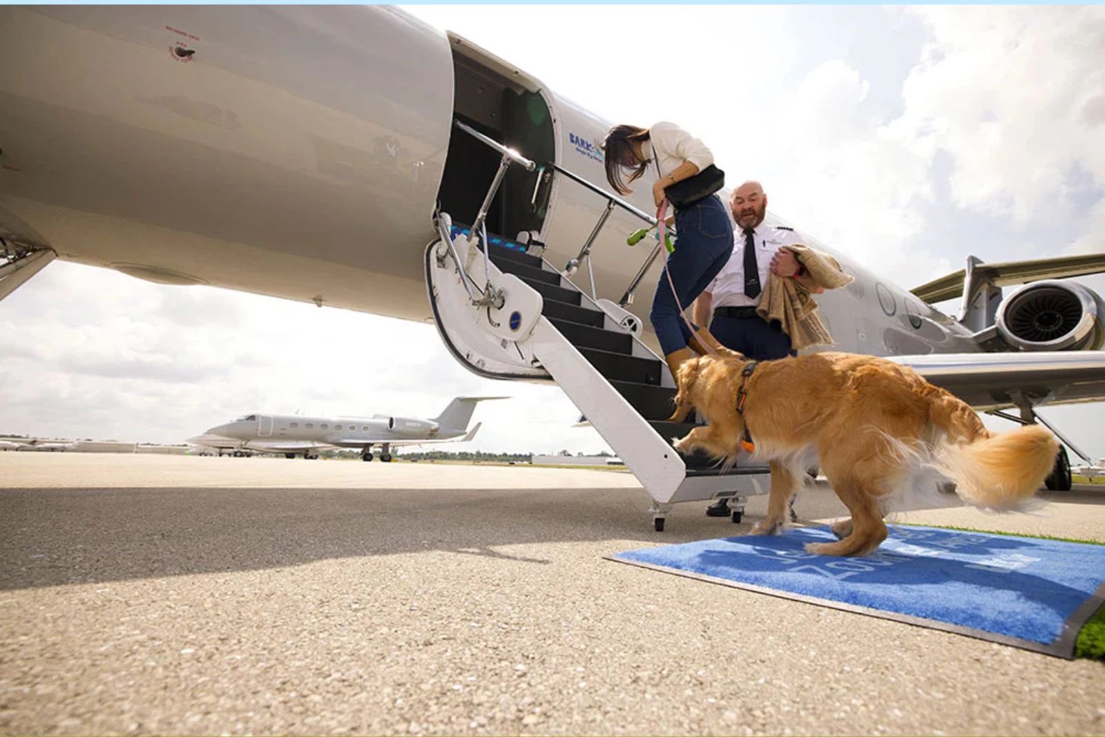 a man and woman walking up the stairs of an airplane