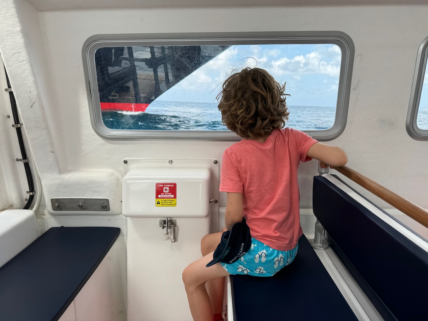 a child sitting on a bench looking out a window