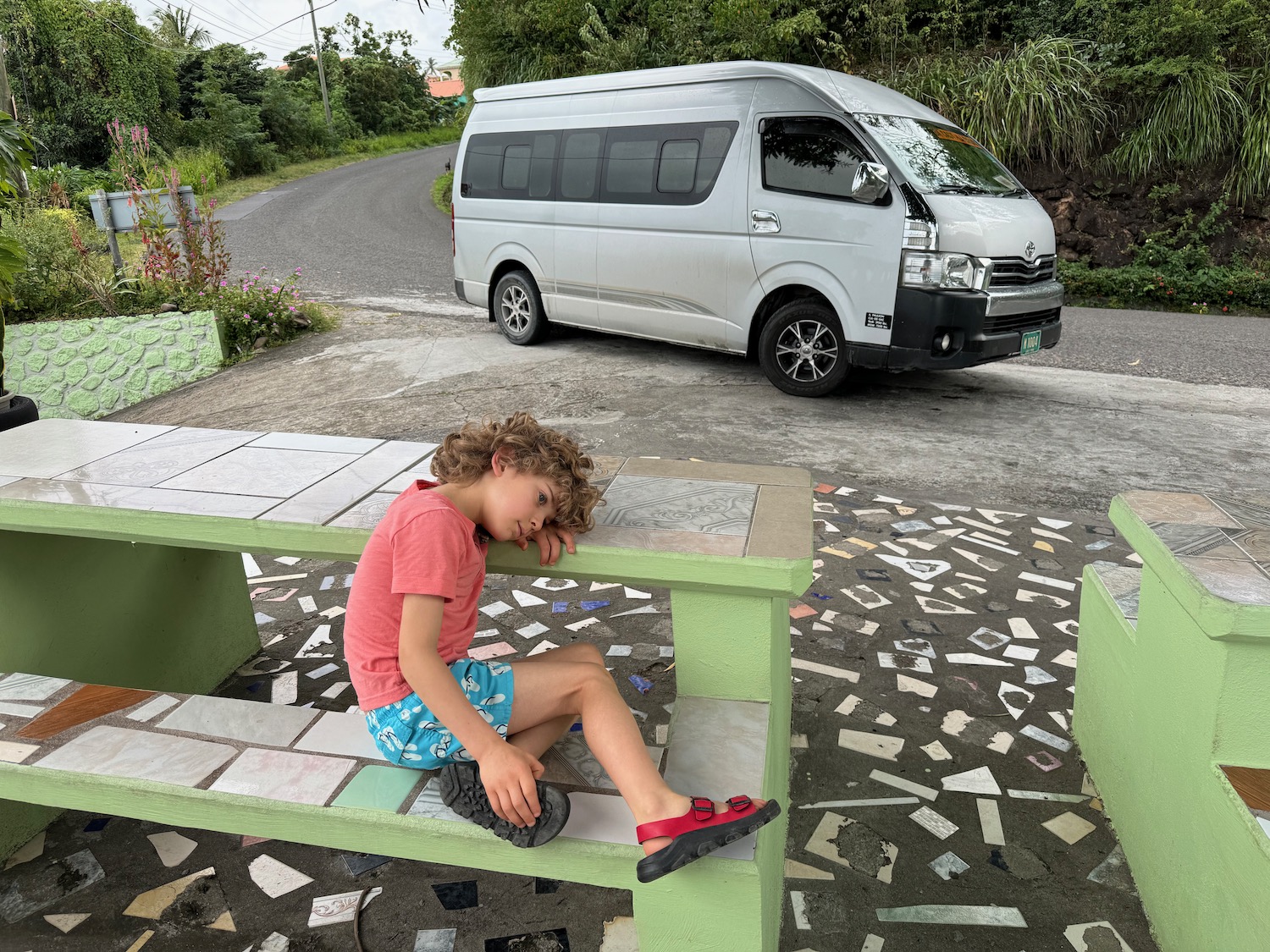 a boy sitting on a picnic table