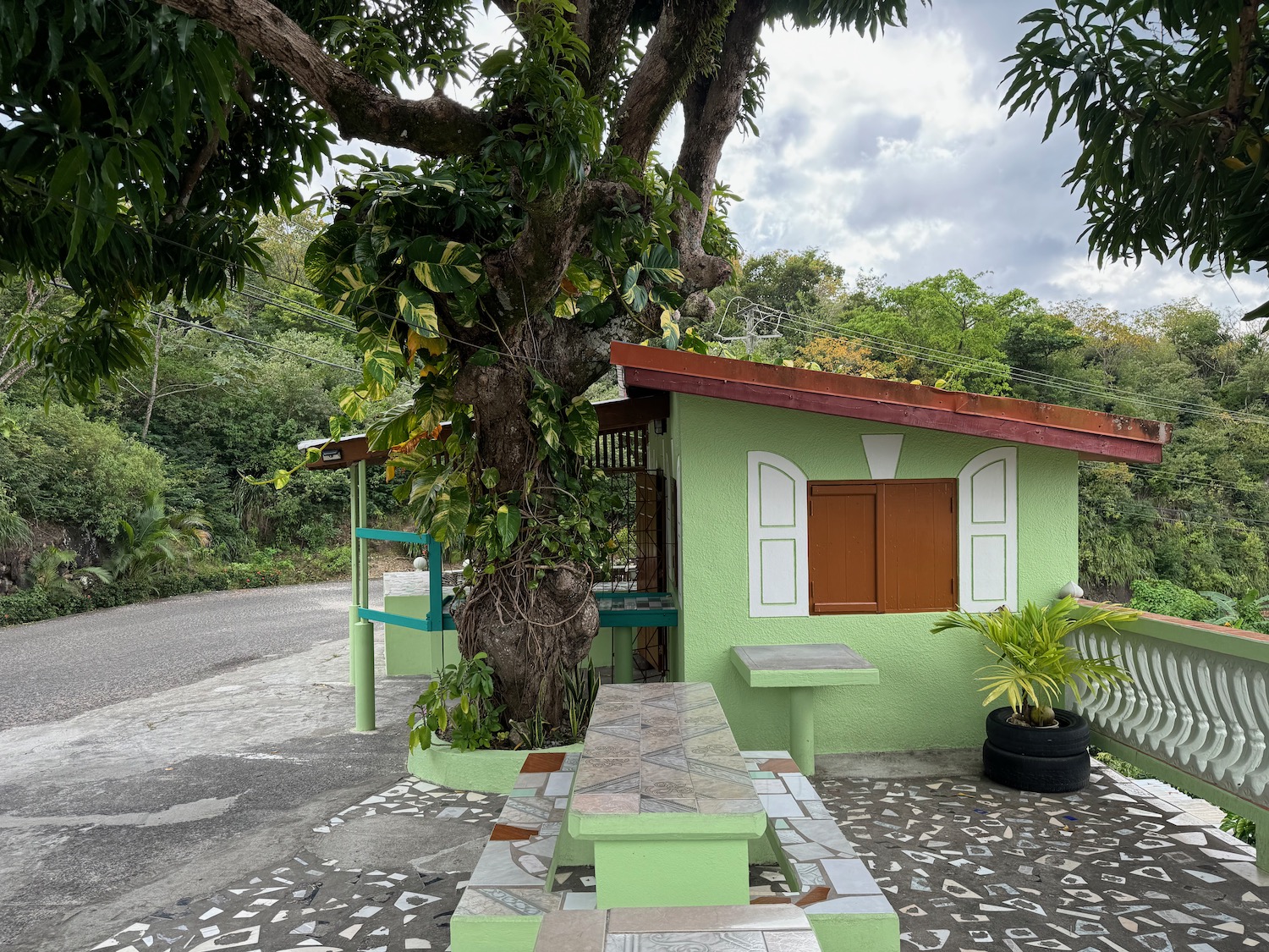 a small green building with a tree in the middle