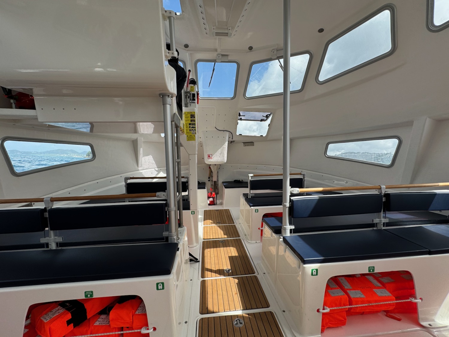 inside a boat with seats and windows