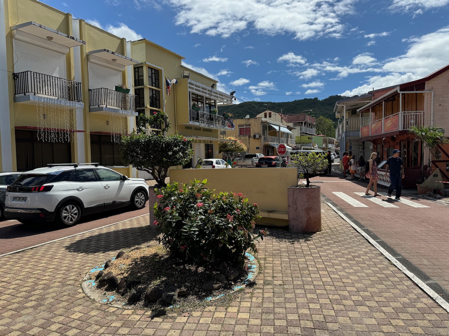 a street with buildings and trees