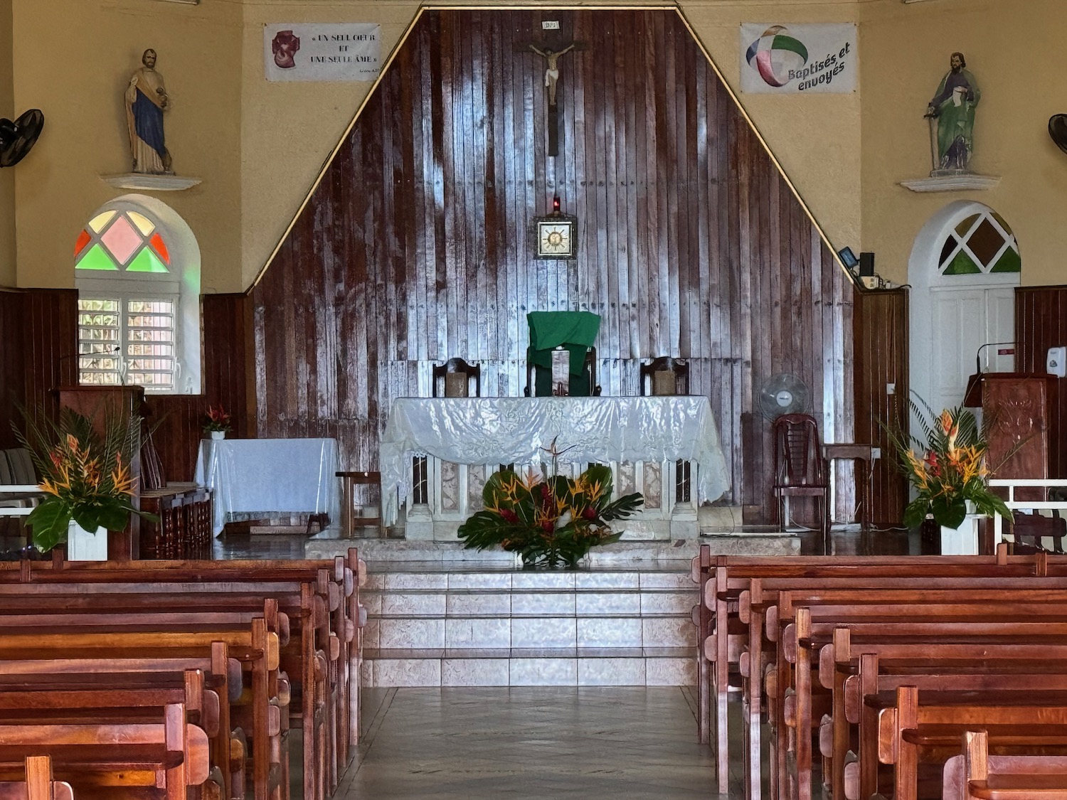 a church with chairs and a table