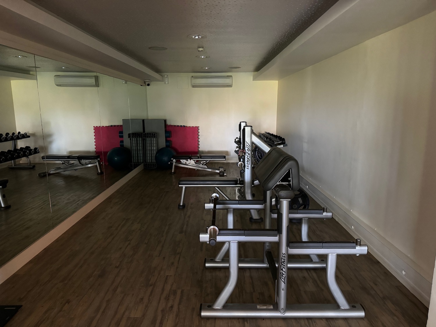 a gym with weights in the room