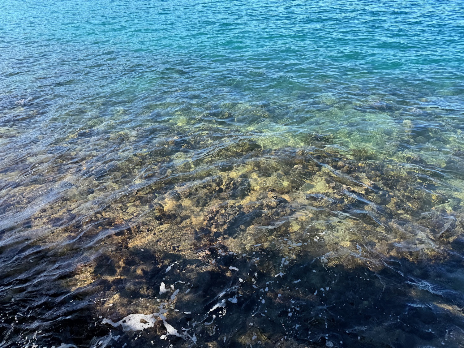 a clear blue water with rocks and rocks