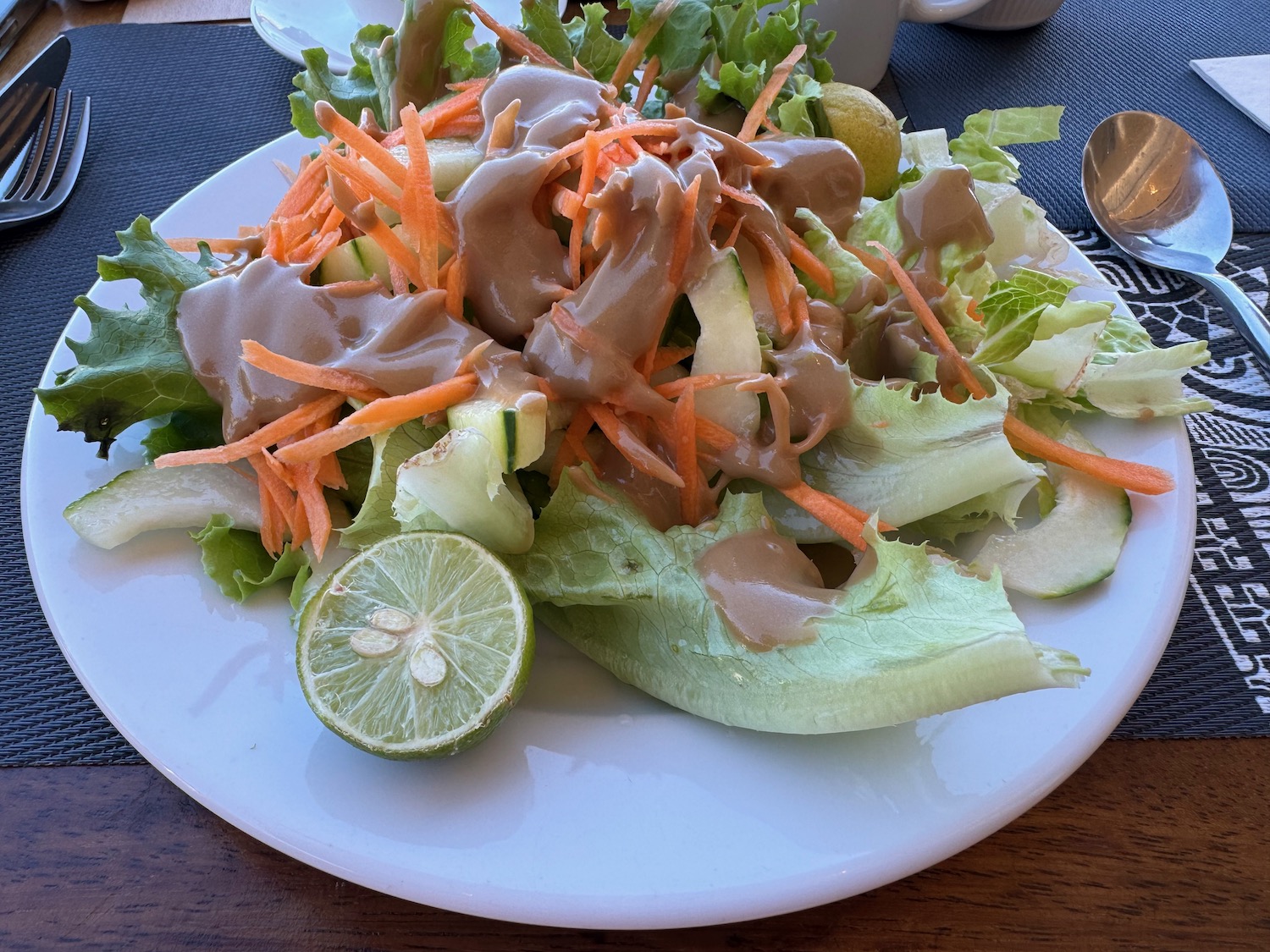 a plate of salad with sauce and lime
