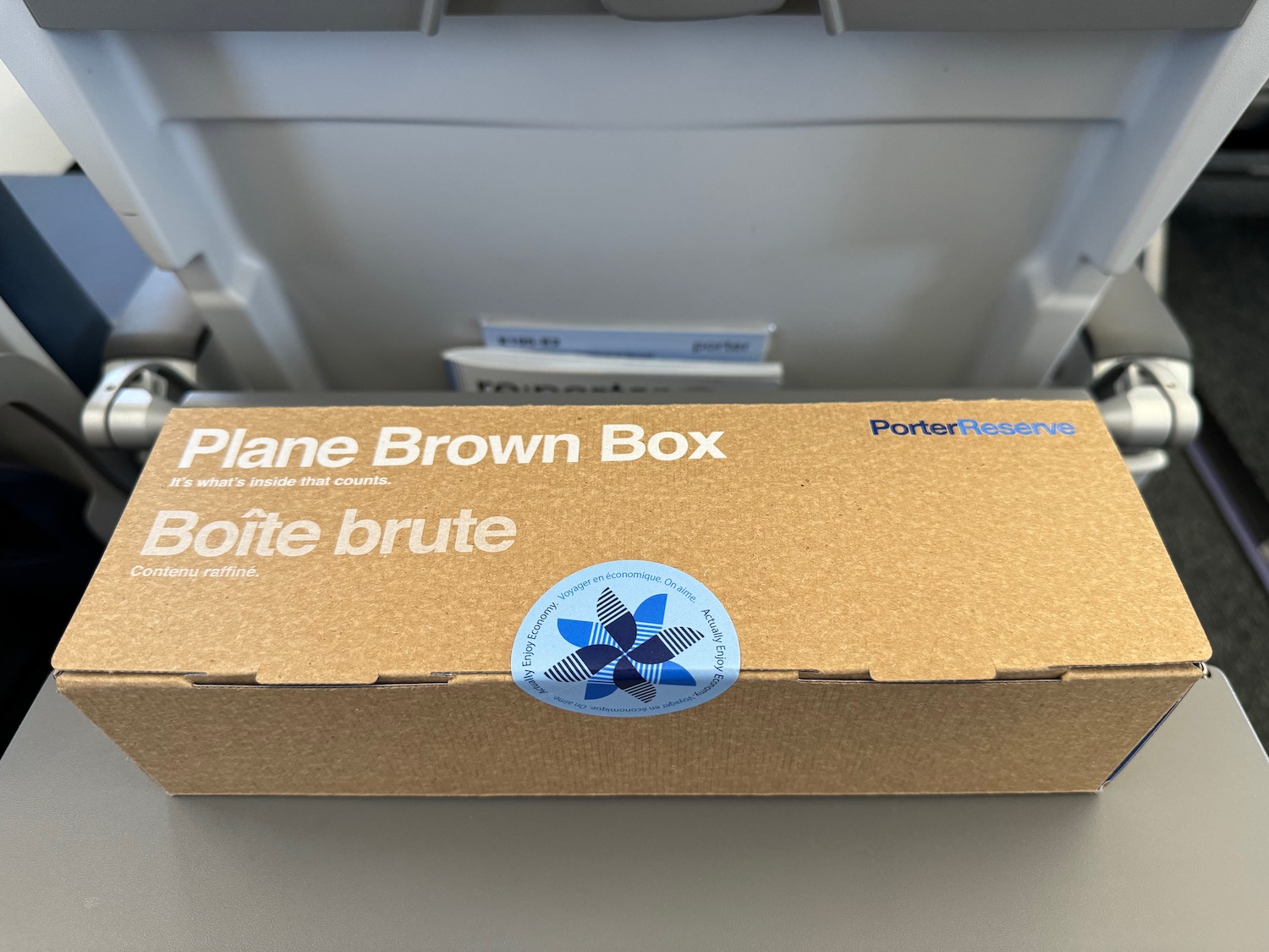 a brown box with white text on it