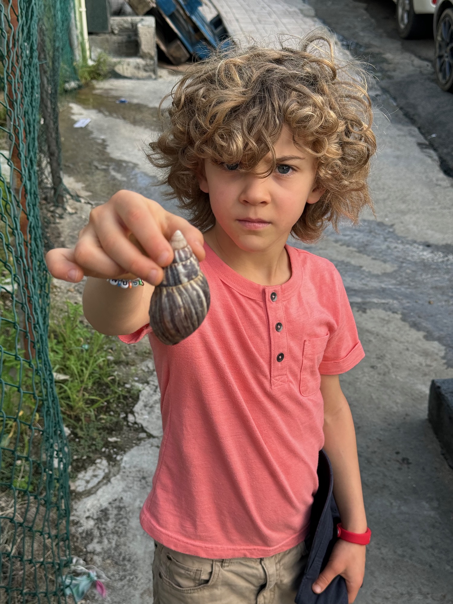 a boy holding a snail