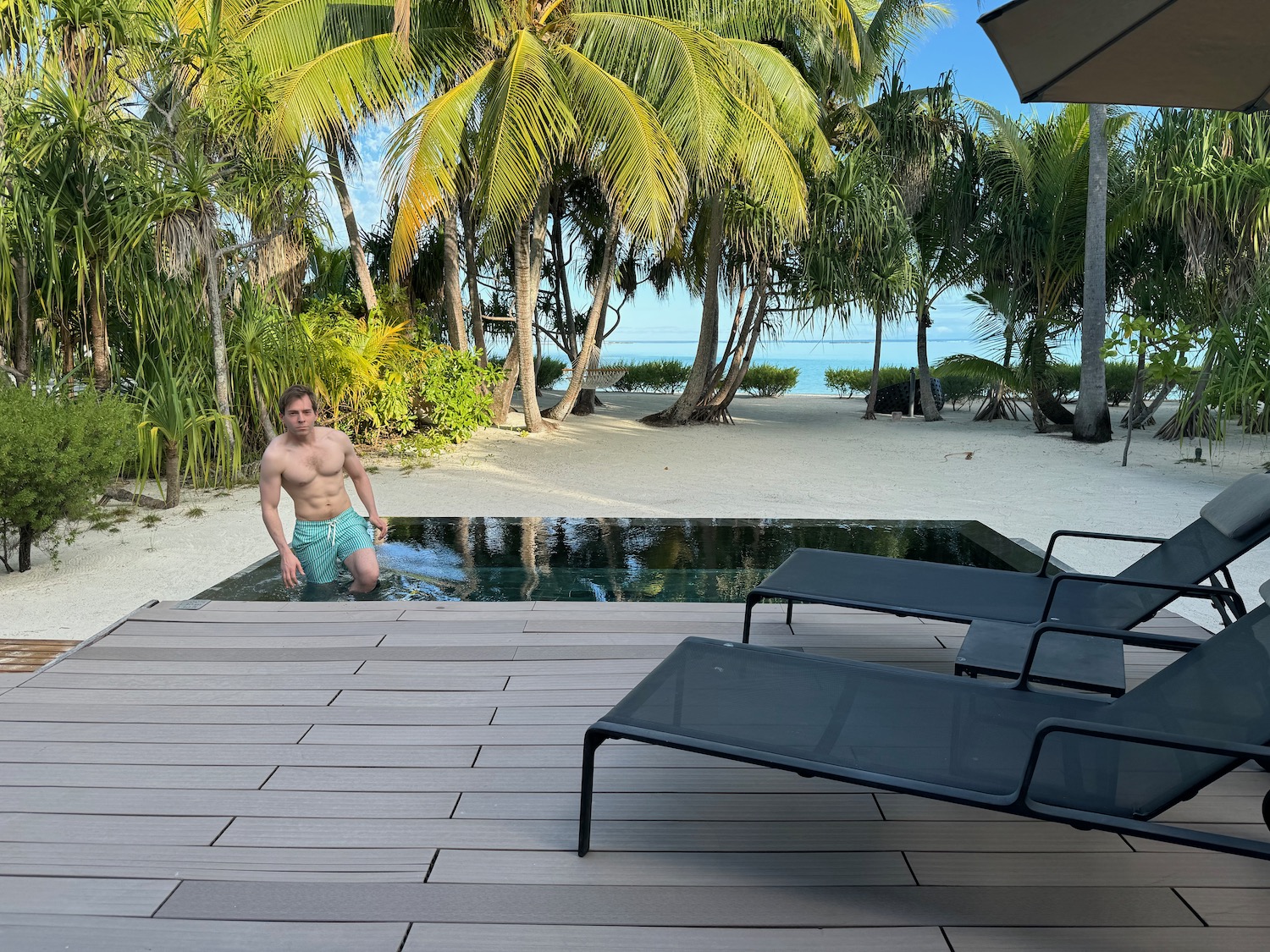 a man in a pool with palm trees and a beach