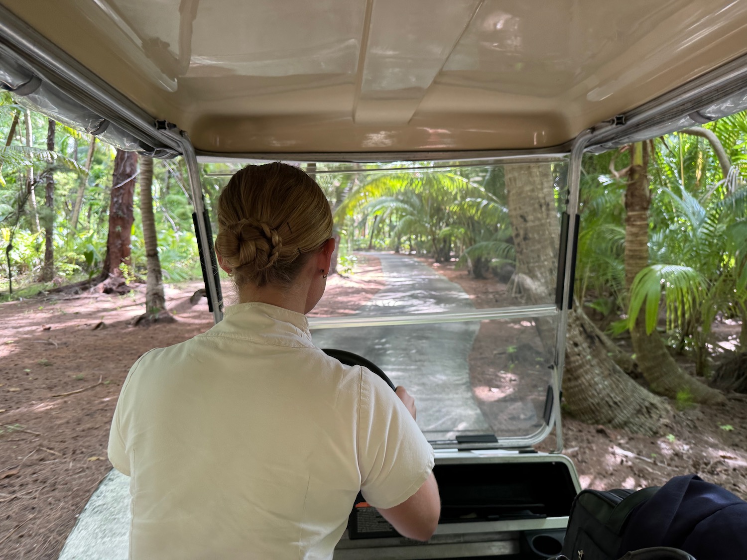 a woman driving a golf cart