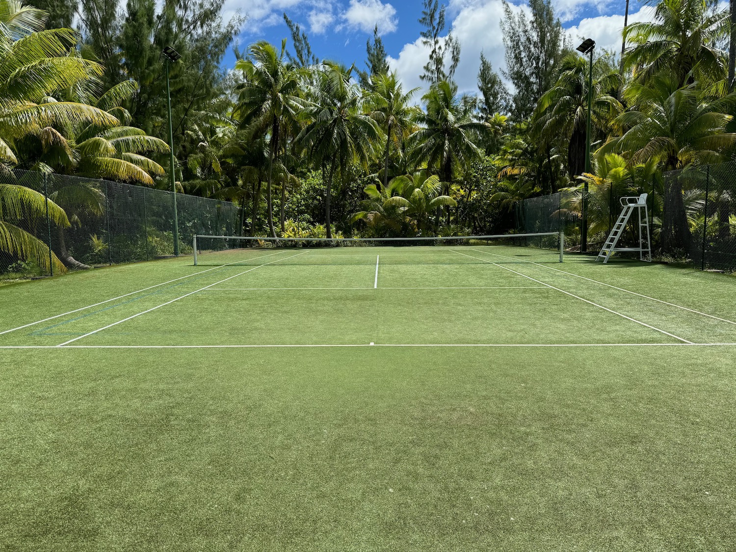 a tennis court with trees in the background