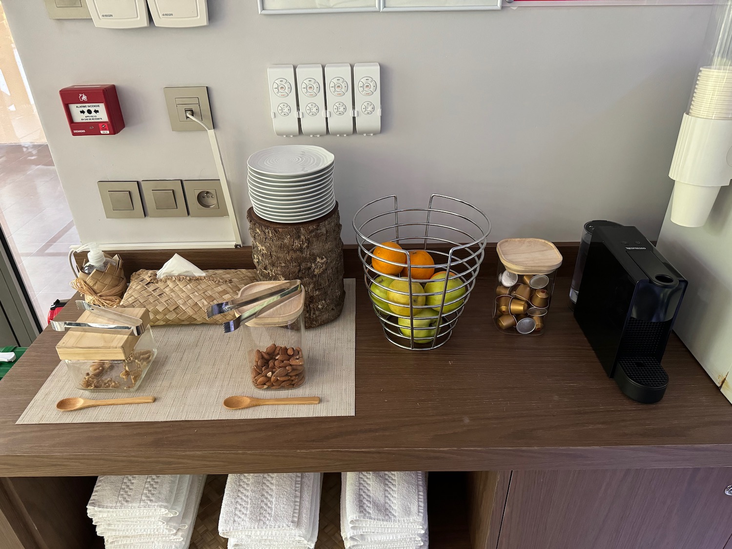 a table with food and coffee machine
