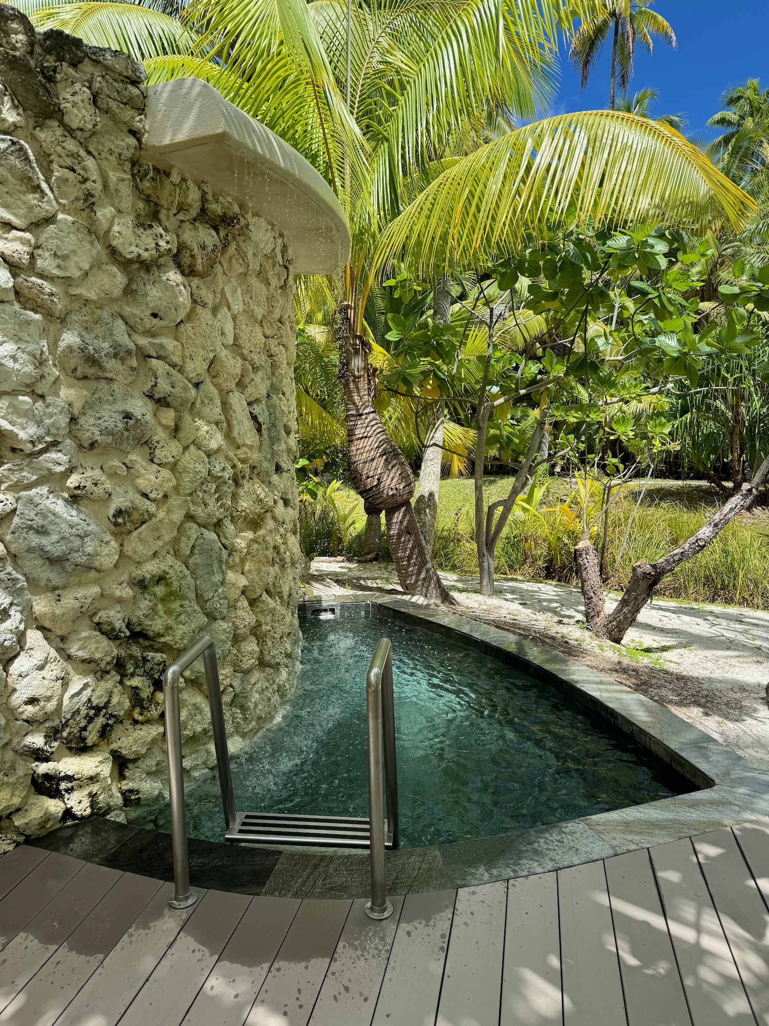 a pool with a stone wall and a stone wall with a metal ladder