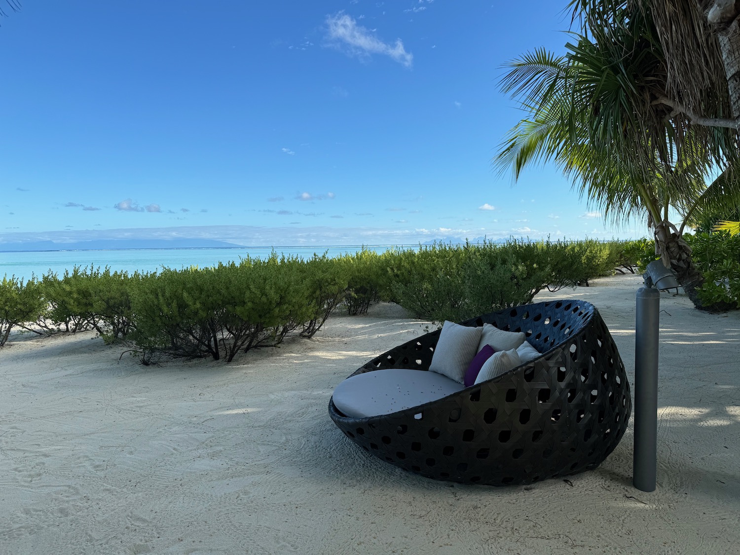 a round black chair on a sandy beach