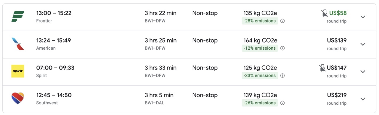 google-flights-southwest-Baltimore-Dallas-not-close