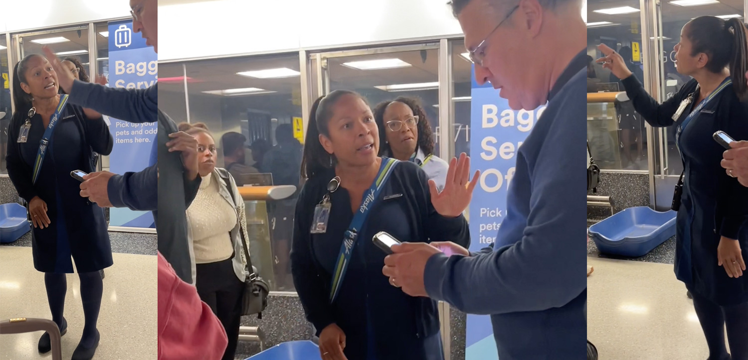 a man talking to a woman