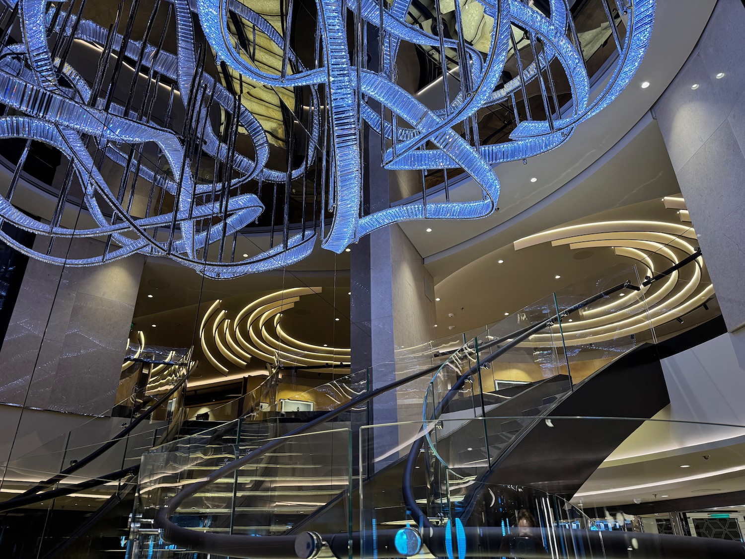 a staircase with blue lights