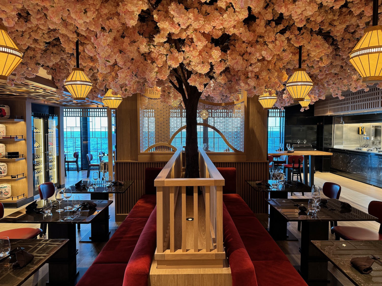 a tree with flowers in the ceiling