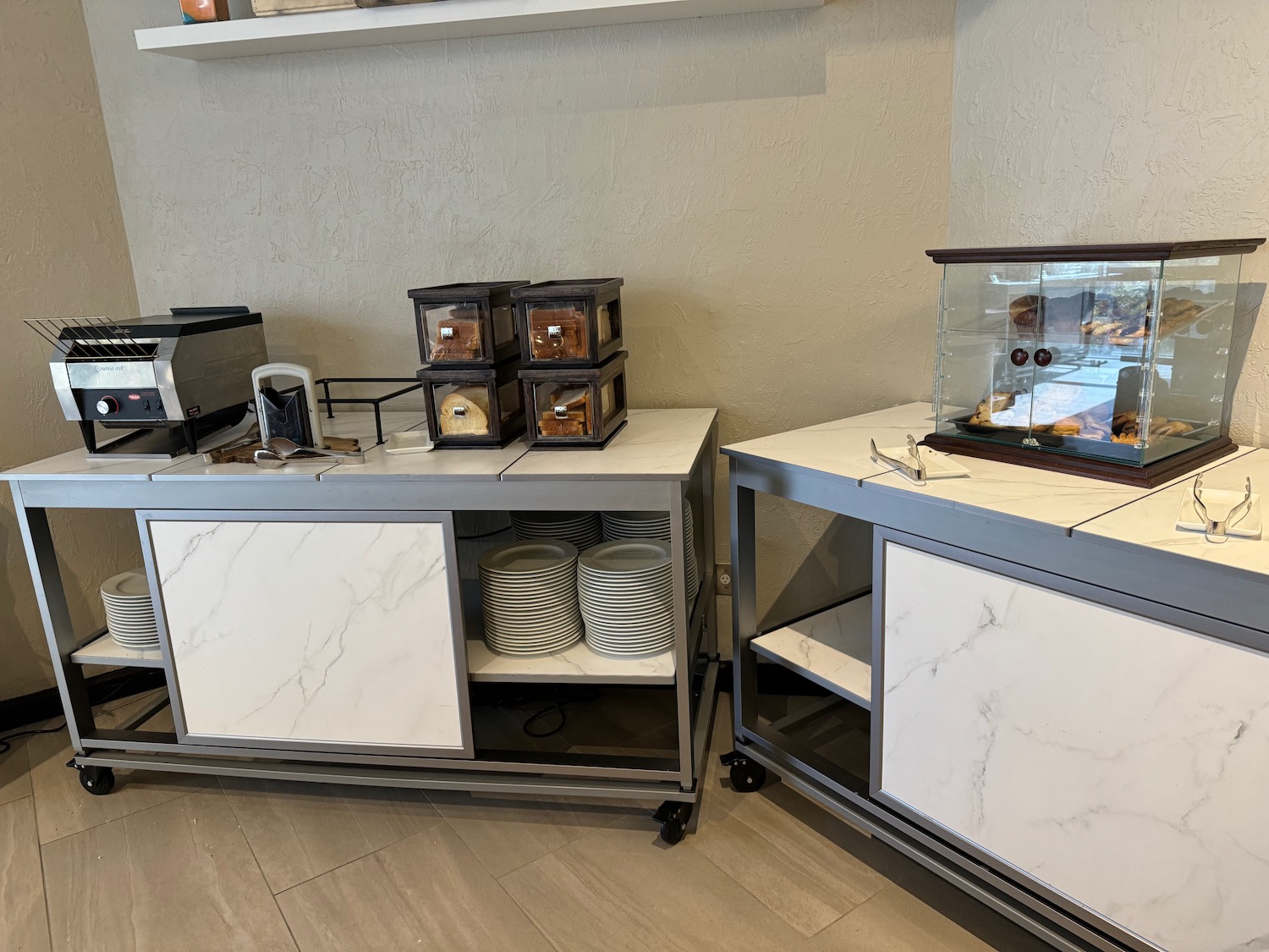 a buffet table with food items on it