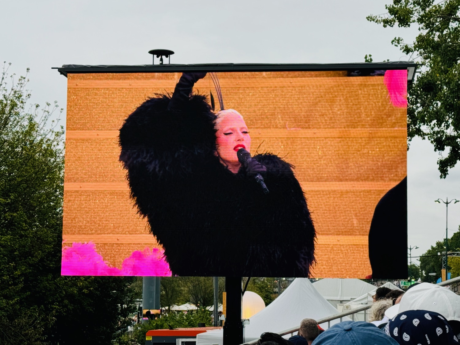 a large screen with a woman singing into a microphone