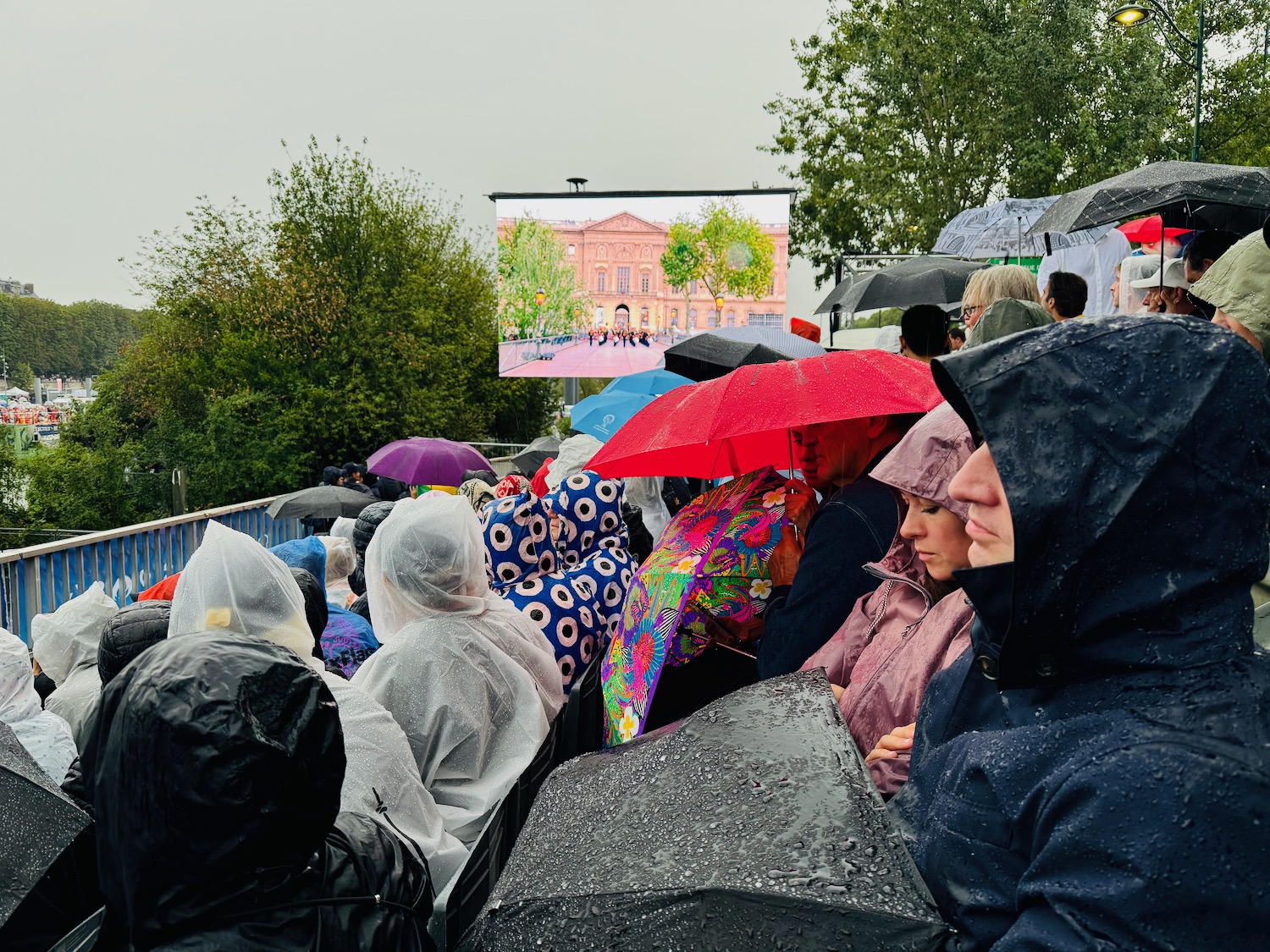 a group of people in raincoats with umbrellas