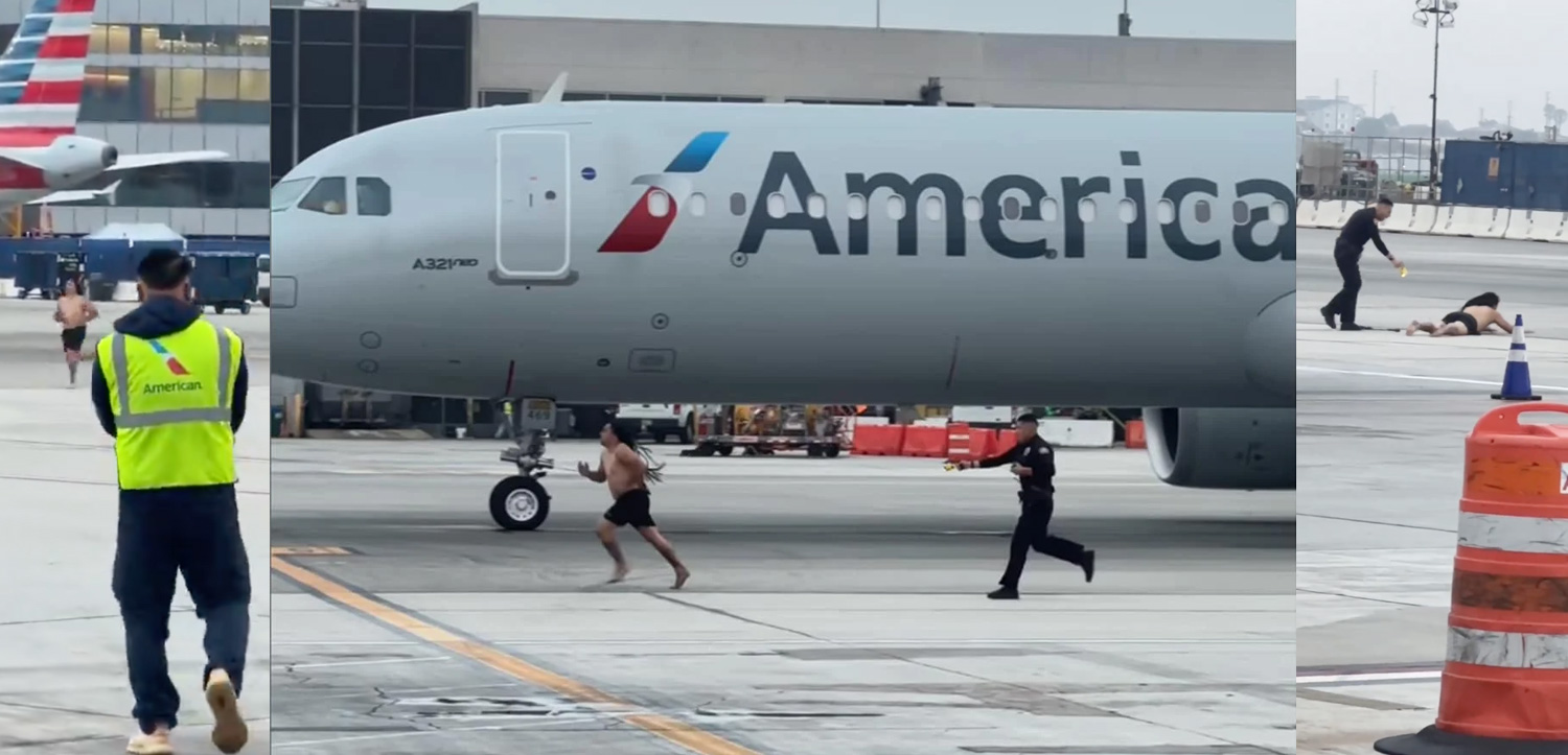 a man running away from an airplane