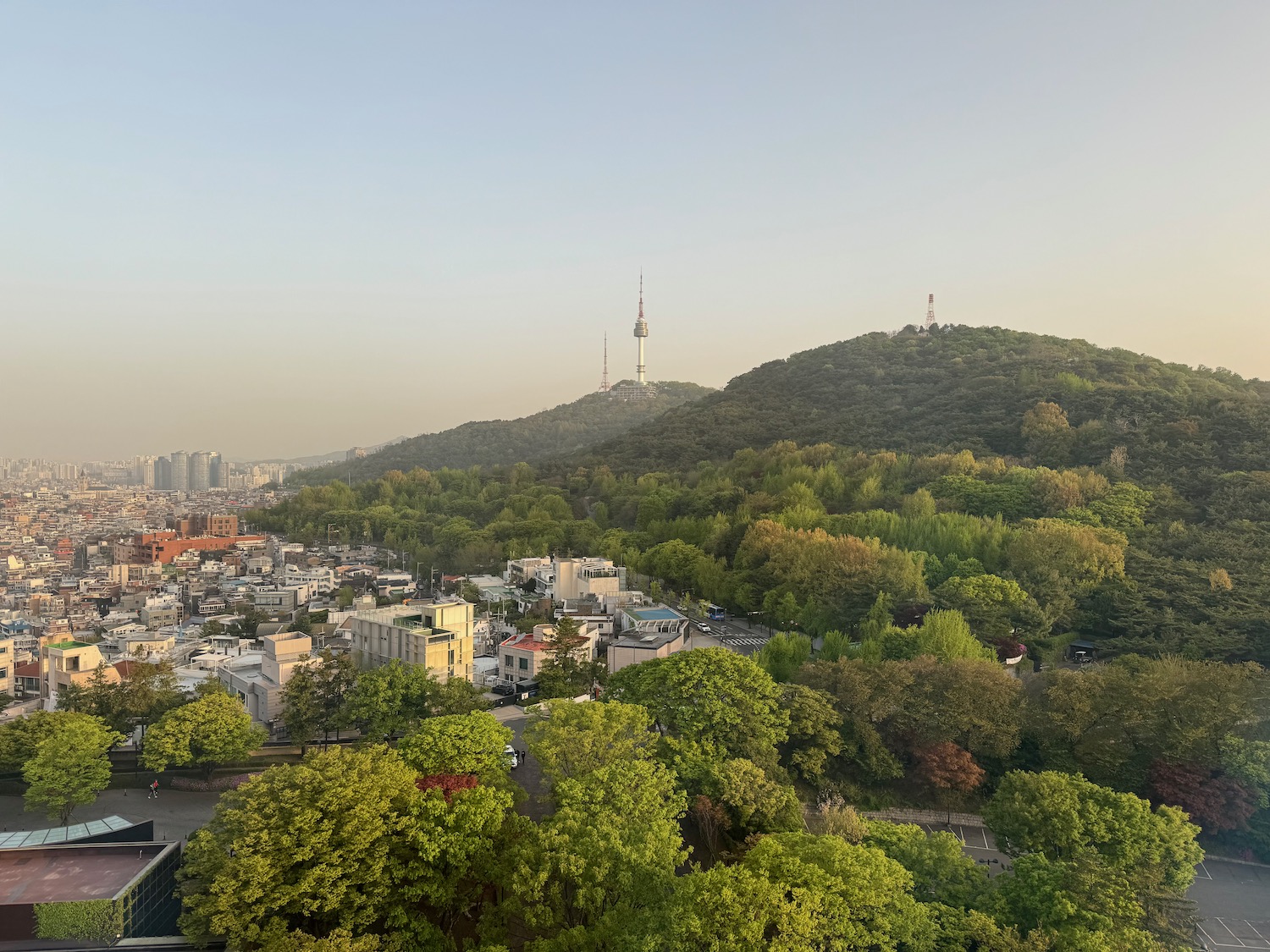 a city with trees and a hill