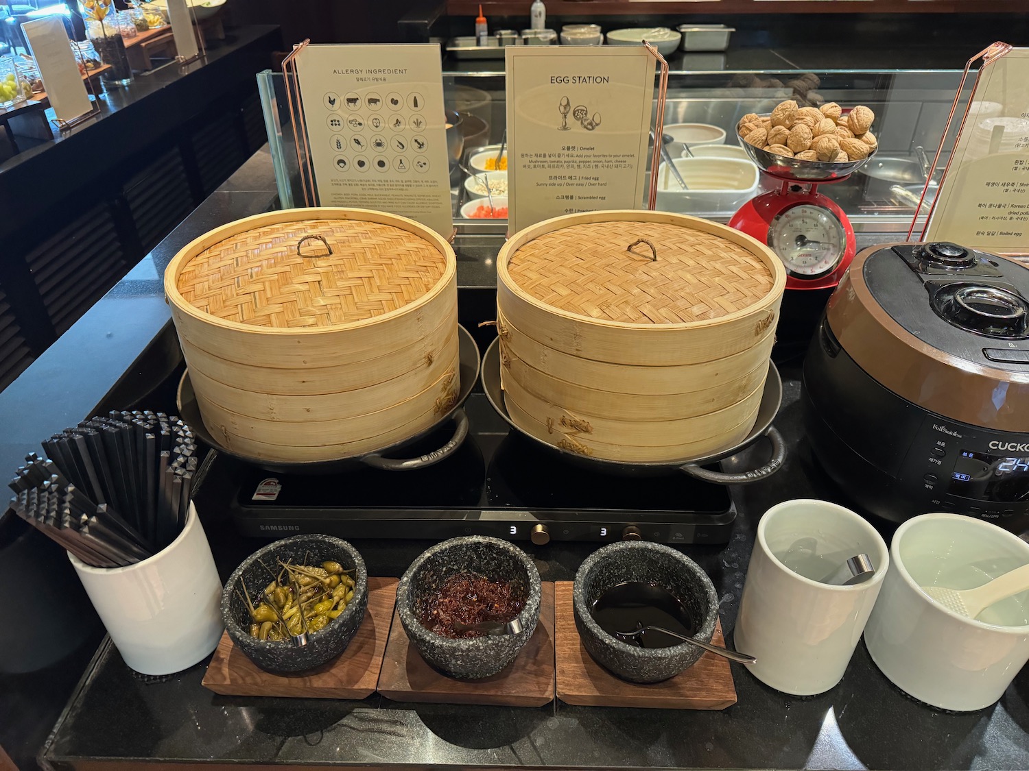 a group of steamers on a counter