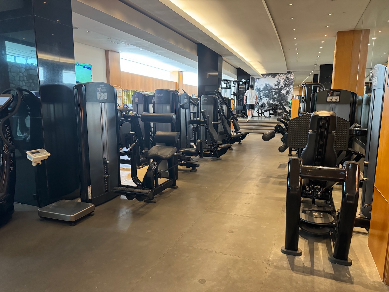 a gym with many exercise equipment