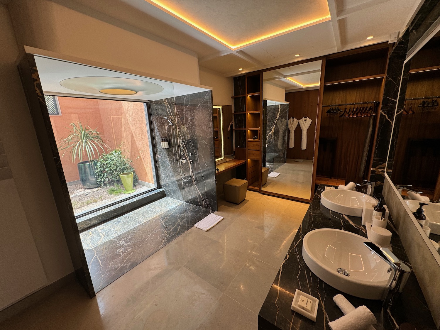 a bathroom with a large glass door