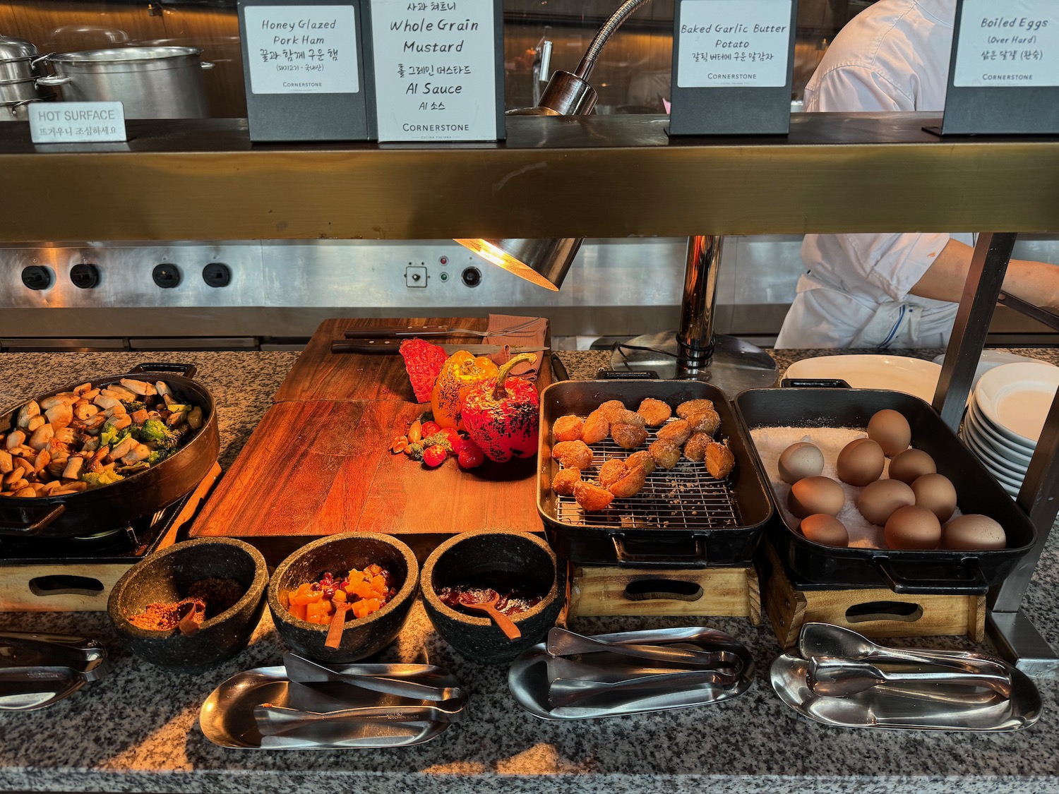 a buffet table with food on it