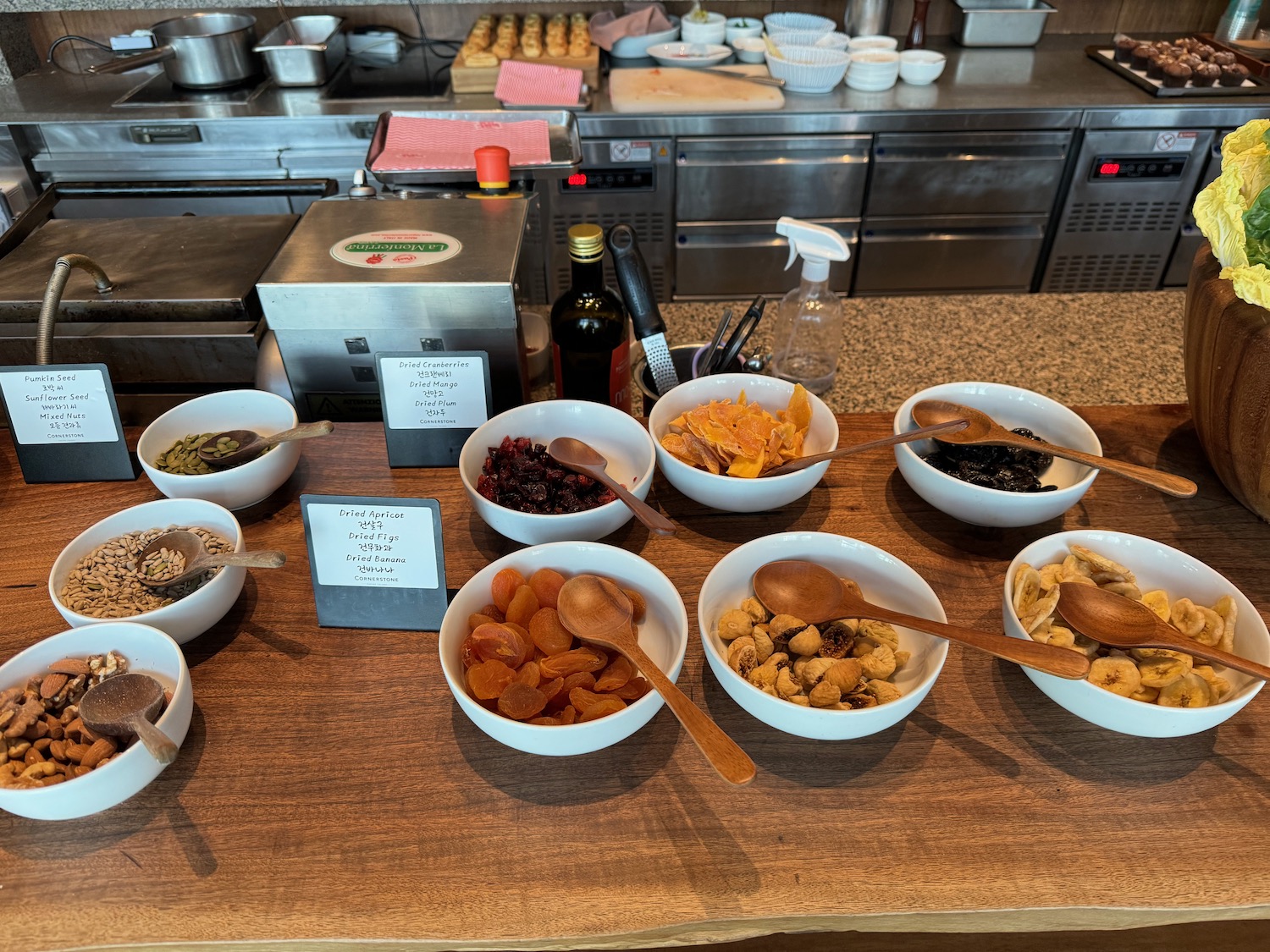 a table with bowls and spoons